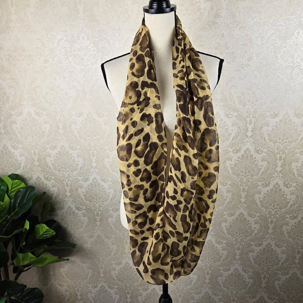 Lightweight Leopard Animal Print Infinity Loop Scarf Tan Brown Black